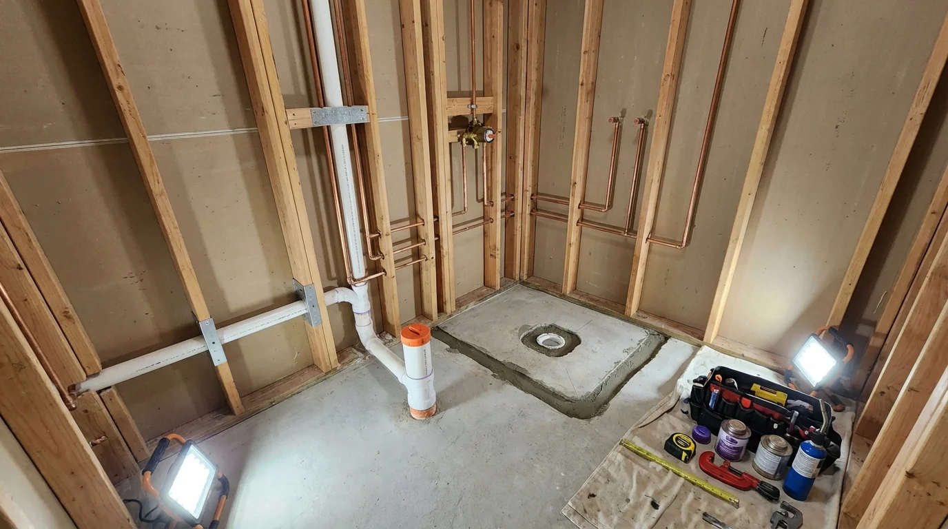 Bathroom rough-in plumbing during remodel by Johns Plumbing LLC in Galveston