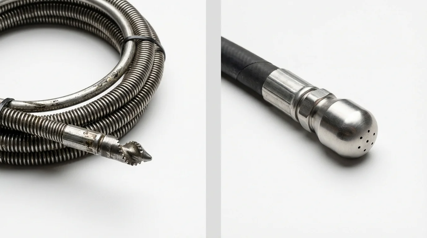 Drain snake cable and hydro jetting nozzle used for drain cleaning in Galveston, TX