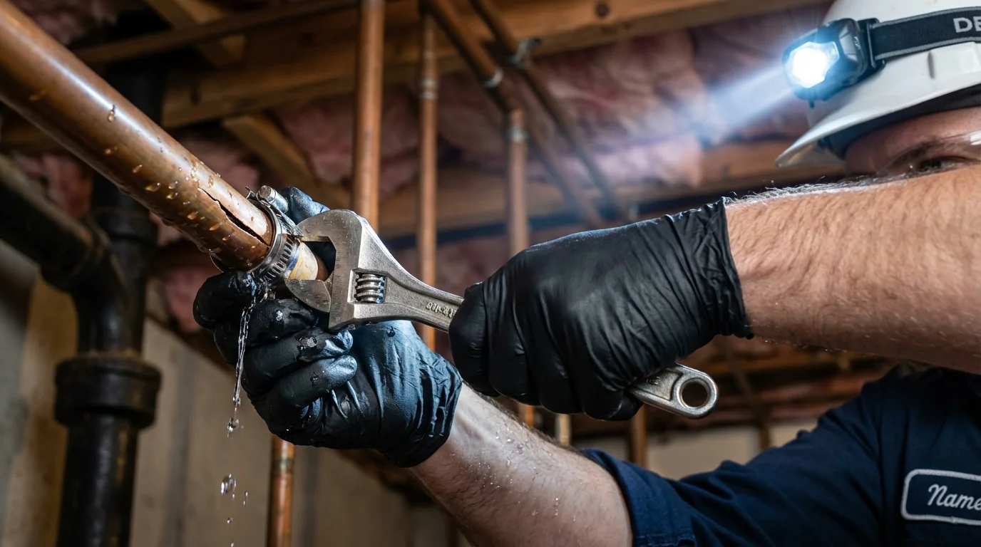 Emergency pipe clamp repair being performed by a Johns Plumbing LLC plumber in Galveston
