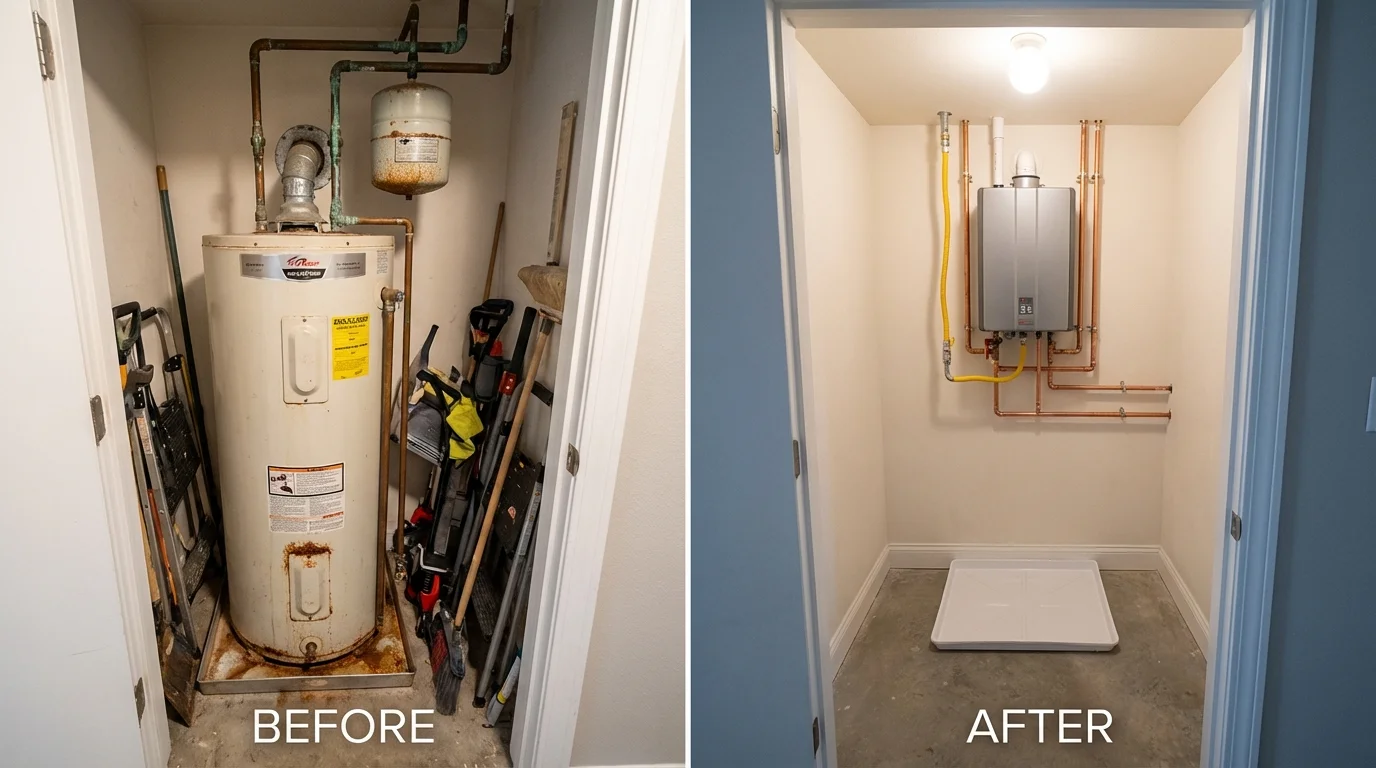 Tank water heater versus wall-mounted tankless unit comparison for Galveston, TX homeowners