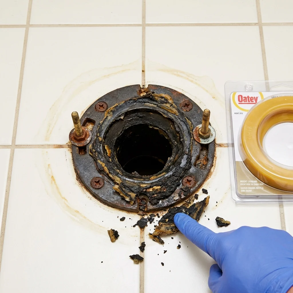 Failed wax ring showing water seepage at the base of a toilet in a Galveston, TX home