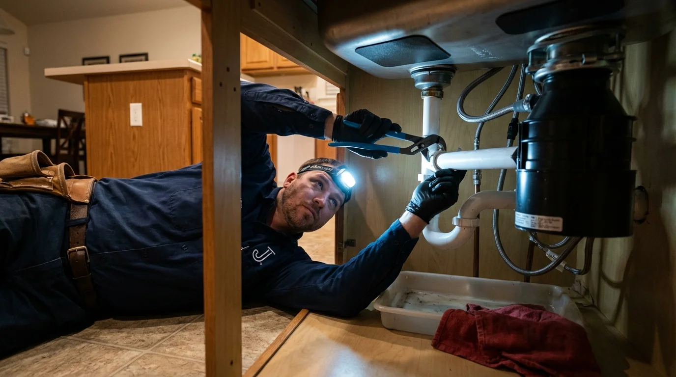 P-trap and supply line connections under a kitchen sink showing a common leak point in Galveston, TX